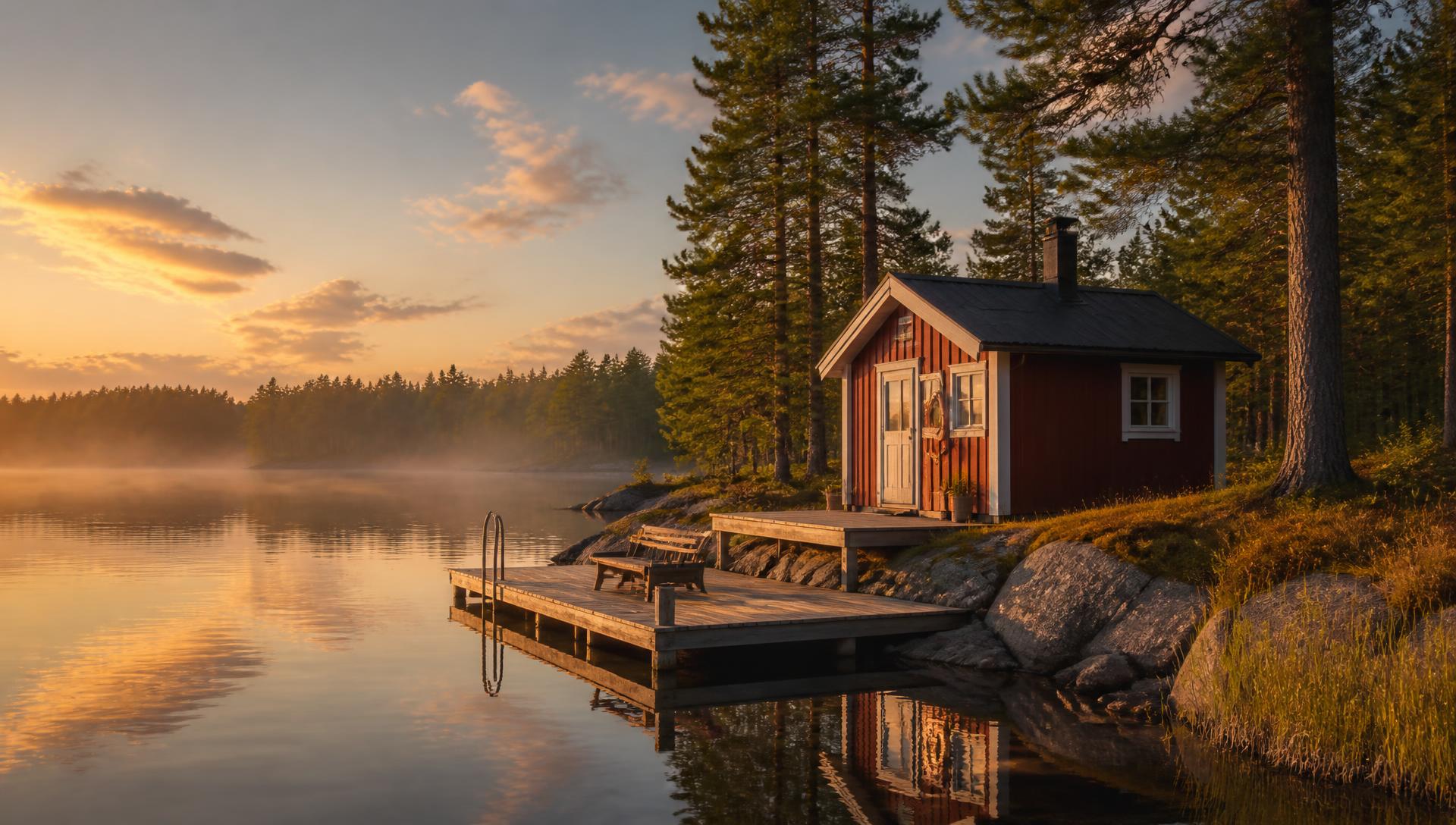 A red wooden lakeside cabin and jetty on a calm Finnish lake in the golden light of a summer evening