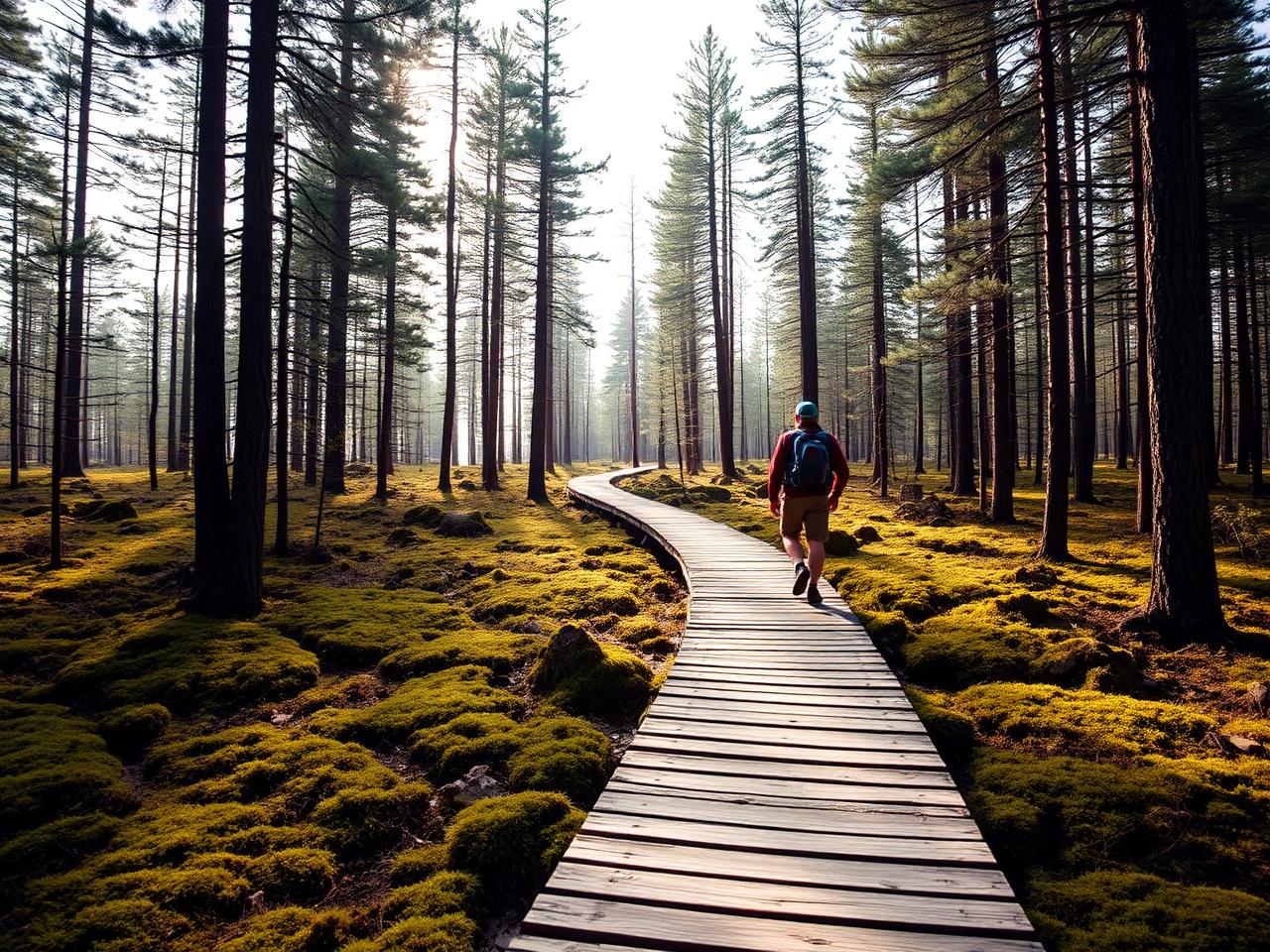 A rocky ridge trail overlooking forested hills and a lake in eastern Finland