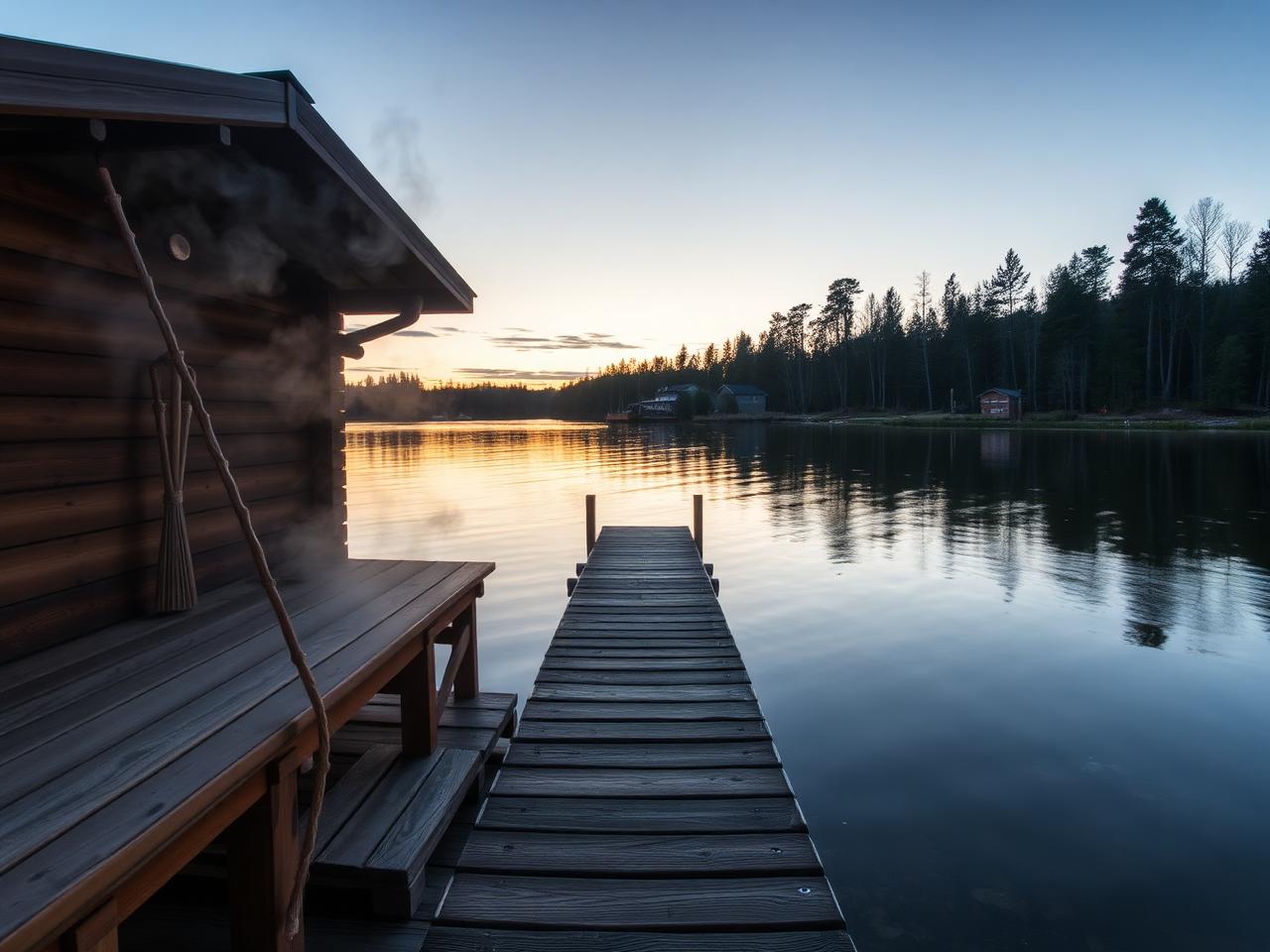 A wooden lakeside sauna with a jetty and swimming ladder in evening light