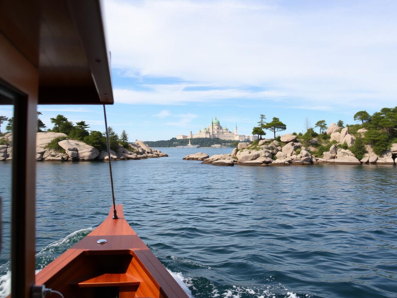 A passenger ferry crossing calm water between islands near Helsinki